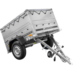 Rimorchio da giardino Unitrailer Garden Trailer 150 KIPP (nuovo) con ruotino sovrasponde e centina H0 con telo grigio