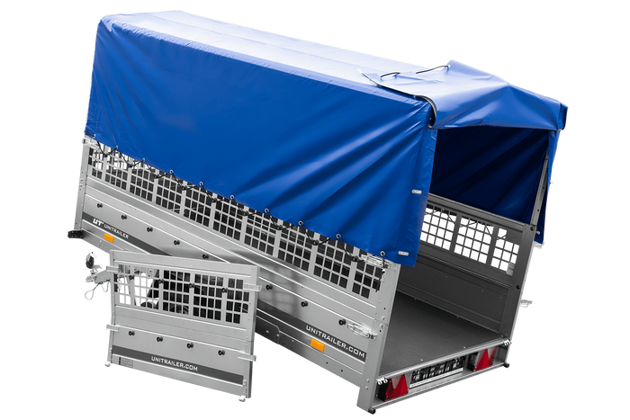 RIMORCHIO DA GIARDINO 264 KIPP CON RUOTA DI SOSTEGNO, SPONDE IN RETE, TELAIO H-800 E COPERTURA BLU