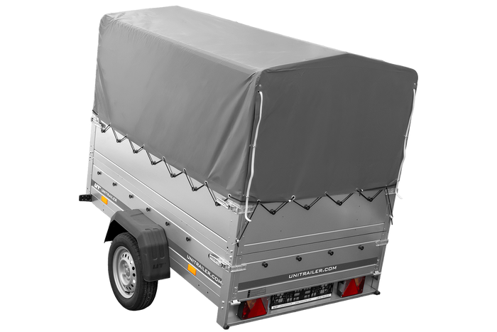 Rimorchio per auto 200x125 UNITRAILER GARDEN 201 KIPP con sponde BIS, telaio H-800 e telo di copertura grigio