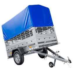 RIMORCHIO CARELLO TRASPORTO COSE RIMORCHIO LEGGERO 750 KG UNITRAILER GARDEN TRAILER 200 KIPP CON SOVRASPONDE A RETE RUOTINO CENTINA E TELO BLU