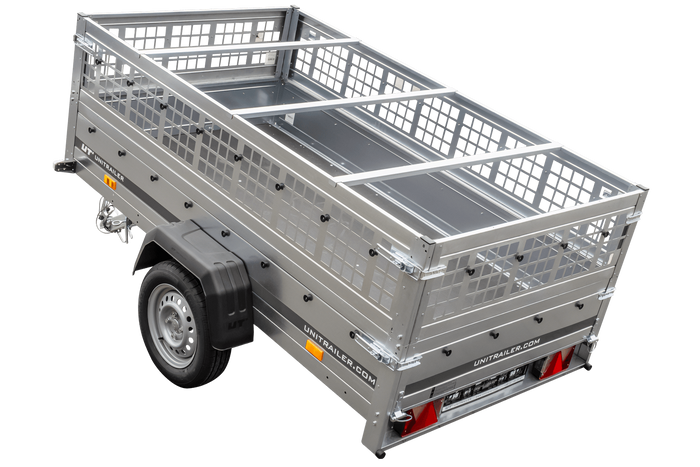 Rimorchio leggero 230x125 UNITRAILER GARDEN 230 KIPP con lati in rete, telaio H-0 e copertura blu