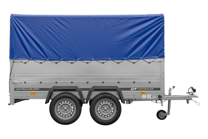 Rimorchio per auto a due assi UNITRAILER GARDEN TRAILER 264/2 KIPP CON RUOTA DI SOSTEGNO, FIANCHI BIS, TELAIO H-800 E COPERTURA BLU