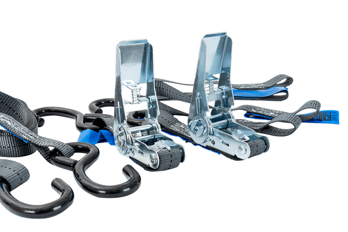 Set di due cinghie di trasporto HILLS da 3 m/25 mm/1 t con tenditore e due imbracature da 0,45 m per il fissaggio della motocicletta