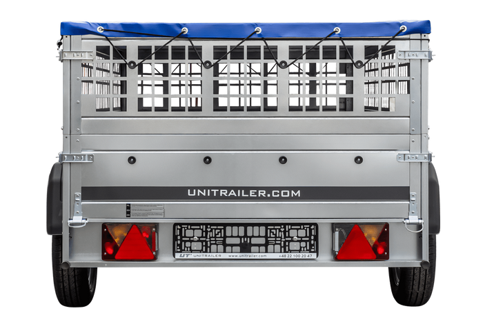 Rimorchio leggero 230x125 UNITRAILER GARDEN 230 KIPP con lati in rete, telaio H-0 e copertura blu