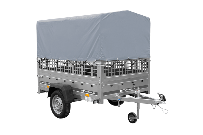 Rimorchio monoasse 200x125 UNITRAILER GARDEN 201 KIPP con sponde in rete, telaio H-800 e copertura grigia