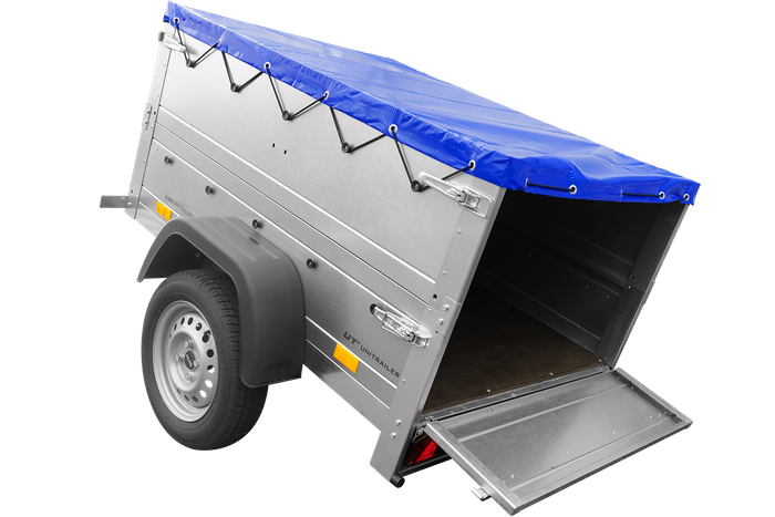Rimorchio carrello leggero senza freni trasporto cose 750 kg Unitrailer Garden Trailer 150 kipp (new) con ruotino sovrasponde e telo blu