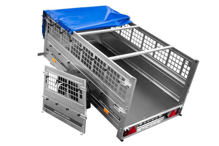 Rimorchio leggero 200x106 UNITRAILER GARDEN 200 KIPP con sponde in rete, telaio H-0 e copertura blu