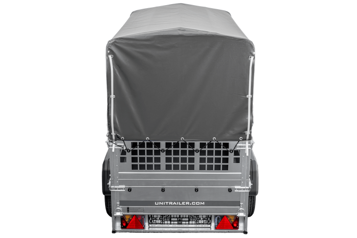 Rimorchio per auto 200x106 UNITRAILER GARDEN 200 KIPP con sponde in rete, telaio H-800 e copertura grigia