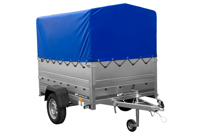 Rimorchio monoasse 200x125 UNITRAILER GARDEN 201 KIPP con sponde BIS, telaio H-800 e telo di copertura blu