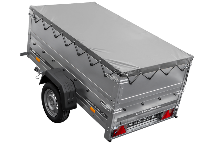 Rimorchio monoasse 200x106 UNITRAILER GARDEN 200 KIPP con sponde BIS, telaio H-0 e copertura grigia