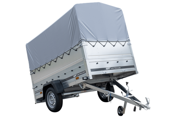 Rimorchio per auto 230x125 UNITRAILER GARDEN 230 KIPP con sponde BIS, telaio H-800 e copertura grigia