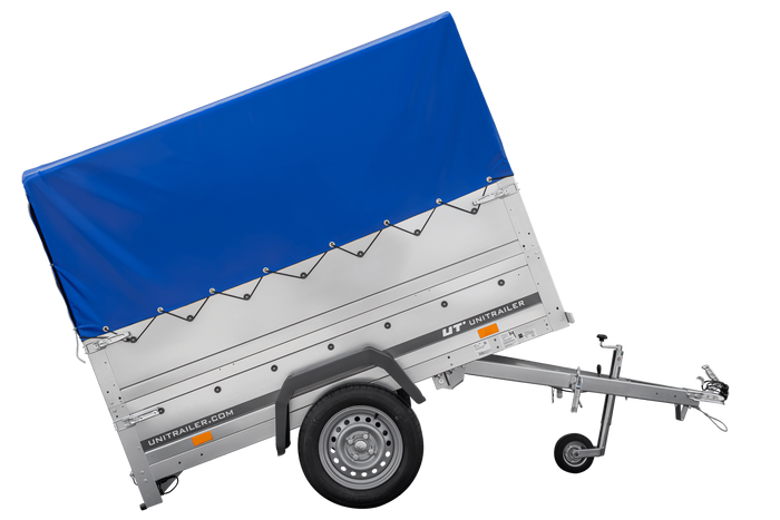 Rimorchio per auto 200x106 UNITRAILER GARDEN 200 KIPP con sponde BIS, telaio H-800 e telo di copertura blu