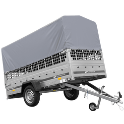 RIMORCHIO TRASPORTO COSE RIMORCHIO LEGGERO 750 KG UNITRAILER GARDEN TRAILER 264 KIPP CON SOVRASPONDE A RETE RUOTINO CENTINA E TELO GRIGIO