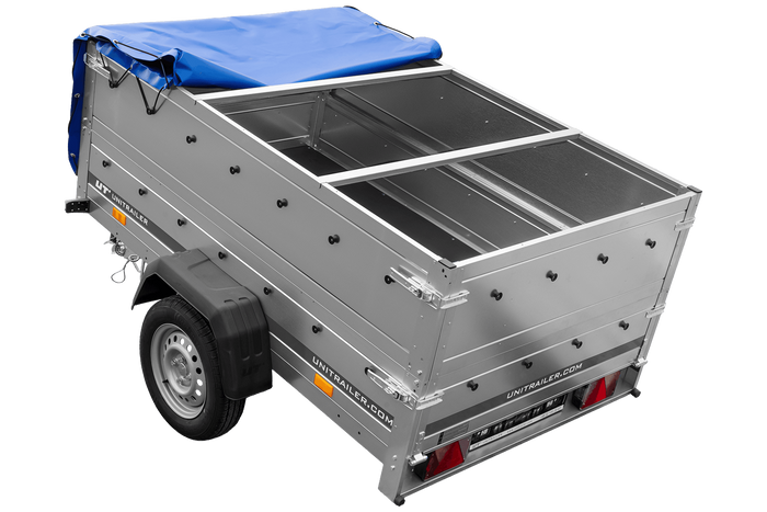 Rimorchio per auto 200x125 UNITRAILER GARDEN 201 KIPP con sponde BIS e telone blu