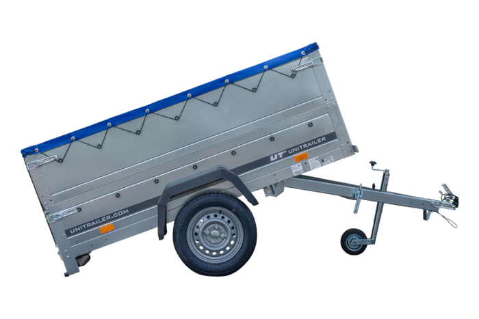 Nuovo rimorchio per auto GARDEN TRAILER 200 KIPP con ruotino d'appoggio, sovrasponde e telo piatto blu