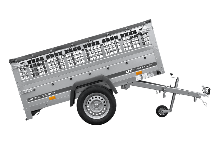 Rimorchio monoasse 200x125 UNITRAILER GARDEN 201 KIPP con sponde in rete e copertura grigia