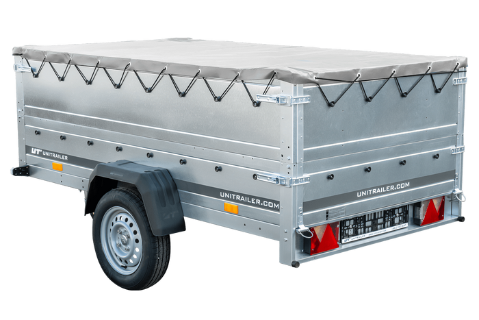 Rimorchio leggero Garden Trailer 230 kipp con ruotino sovrasponde e telone grigio