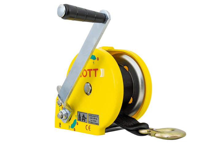 Verricello manuale con cinghia e custodia gialla per rimorchi carrelli portabarca 450 kg Knott