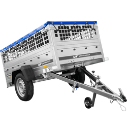 RIMORCHIO DA GIARDINO 200 KIPP CON RUOTA DI APPOGGIO, FIANCHI IN RETE, TELAIO H-0 E COPERTURA BLU