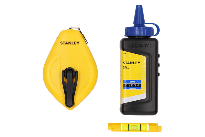 Set di marcatura STANLEY STHT47113-0, composto da corda, gesso e livella a bolla.