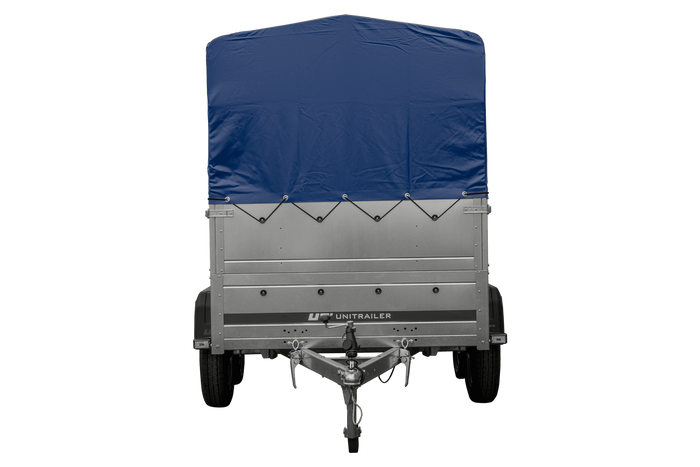 Rimorchio per auto a due assi UNITRAILER GARDEN TRAILER 264/2 KIPP CON RUOTA DI SOSTEGNO, FIANCHI BIS, TELAIO H-800 E COPERTURA BLU