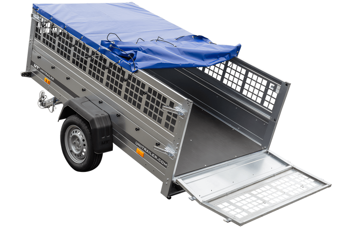 Rimorchio leggero 230x125 UNITRAILER GARDEN 230 KIPP con lati in rete, telaio H-0 e copertura blu