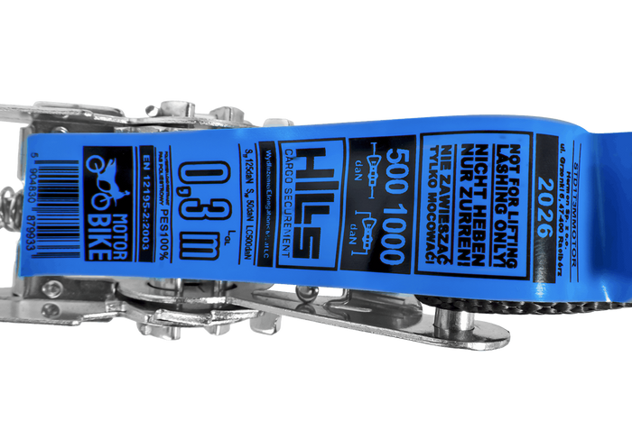 Set di due cinghie di trasporto HILLS da 3 m/25 mm/1 t con tenditore e due imbracature da 0,45 m per fissare la motocicletta.