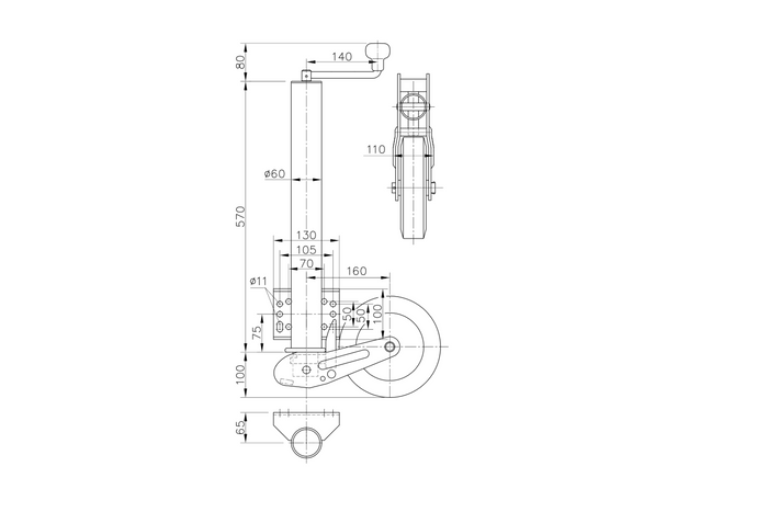 Ruota di supporto automatica WINTERHOFF VK 60-BLH-255 SB con maniglia, portata 500 kg, altezza 60 mm, lunghezza 670-905 mm.