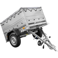 Rimorchio da giardino Unitrailer Garden Trailer 150 KIPP (nuovo) con ruotino sovrasponde e centina H0 con telo grigio