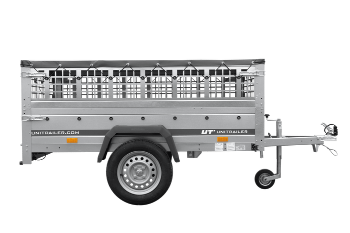 Rimorchio monoasse 200x125 UNITRAILER GARDEN 201 KIPP con sponde in rete e copertura grigia