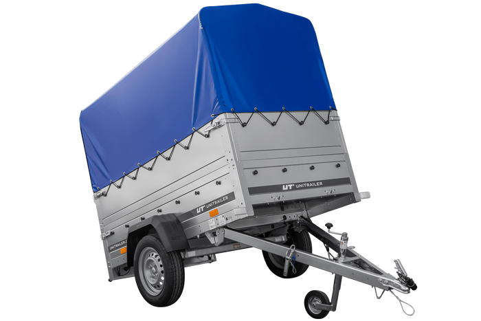 Rimorchio per auto 200x106 UNITRAILER GARDEN 200 KIPP con sponde BIS, telaio H-800 e telo di copertura blu