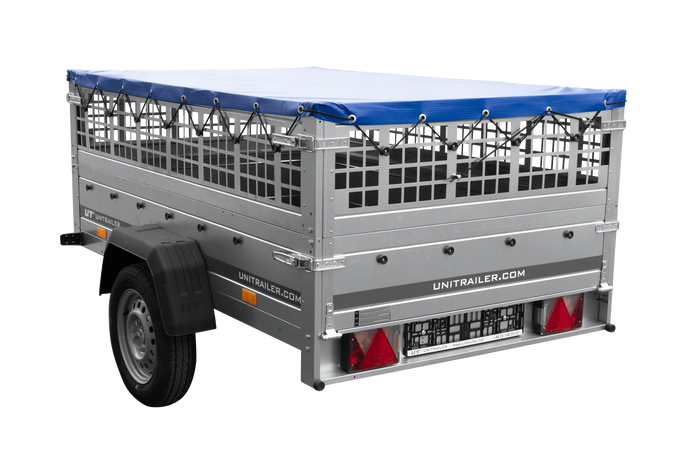 Rimorchio monoasse 200x125 UNITRAILER GARDEN 201 KIPP con sponde in rete e copertura blu