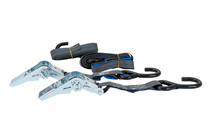 Set di due cinghie di trasporto HILLS da 3 m/25 mm/1 t con tenditore e due imbracature da 0,45 m per il fissaggio della motocicletta