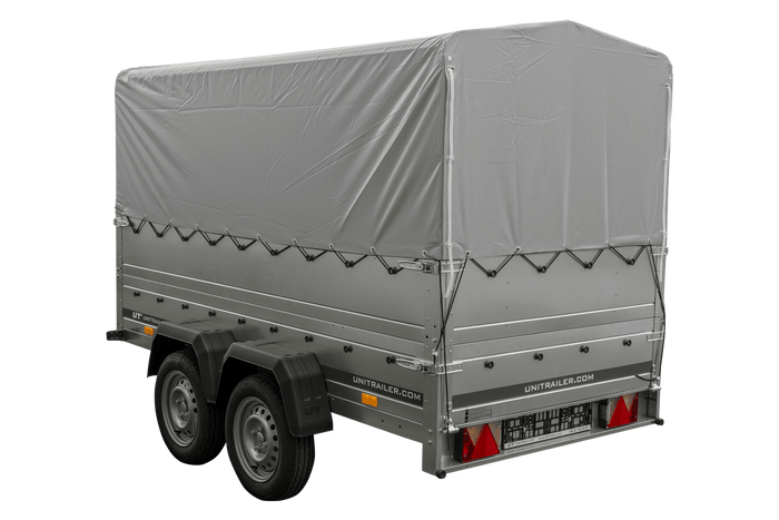 Rimorchio per auto a 2 assi UNITRAILER GARDEN TRAILER 264/2 KIPP con ruota di supporto, sponde bis, telaio h-800 e telo grigio
