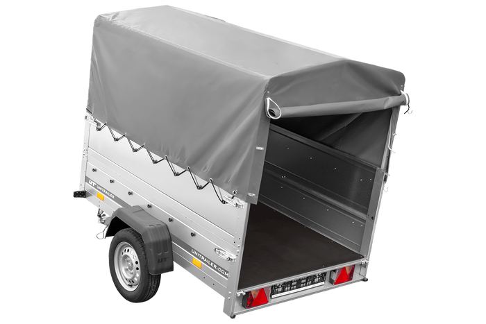 Rimorchio per auto 200x125 UNITRAILER GARDEN 201 KIPP con sponde BIS, telaio H-800 e telo di copertura grigio