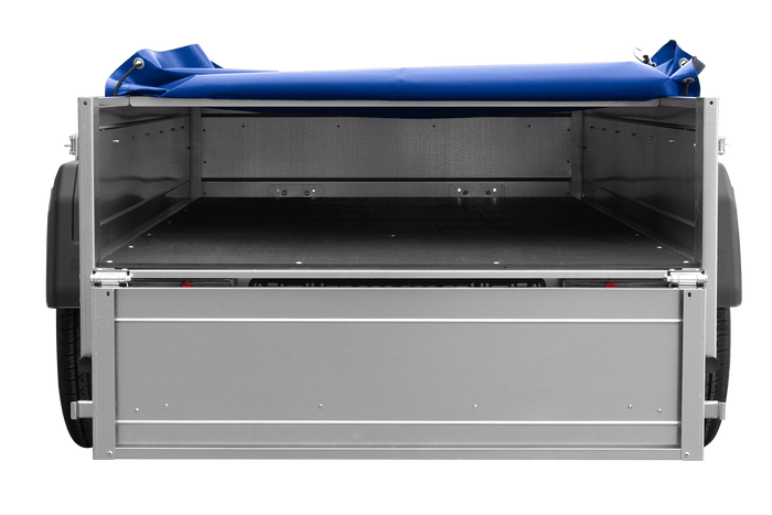 Rimorchio leggero 200x106 UNITRAILER GARDEN 200 KIPP con telaio H-0 e copertura blu