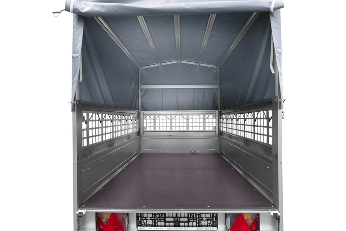 Rimorchio monoasse 200x125 UNITRAILER GARDEN 201 KIPP con sponde in rete, telaio H-800 e copertura grigia