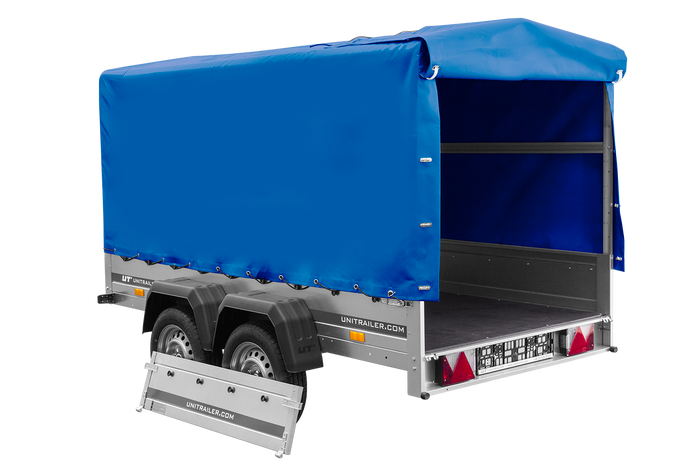 Rimorchio a due assi 264x125 UNITRAILER GARDEN 264/2 KIPP con telaio H-1100 e telone blu