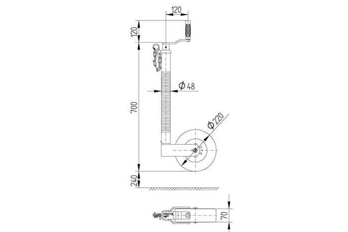 Ruota di supporto KNOTT TK48, tubo corrugato, 300 kg, 48 mm, 700-940 mm