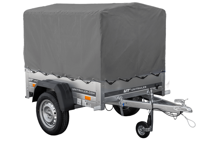 Rimorchio carello trasporto cose rimorchio leggero 750 kg Unitrailer Garden Trailer 150 kipp con ruotino centina e telo grigio