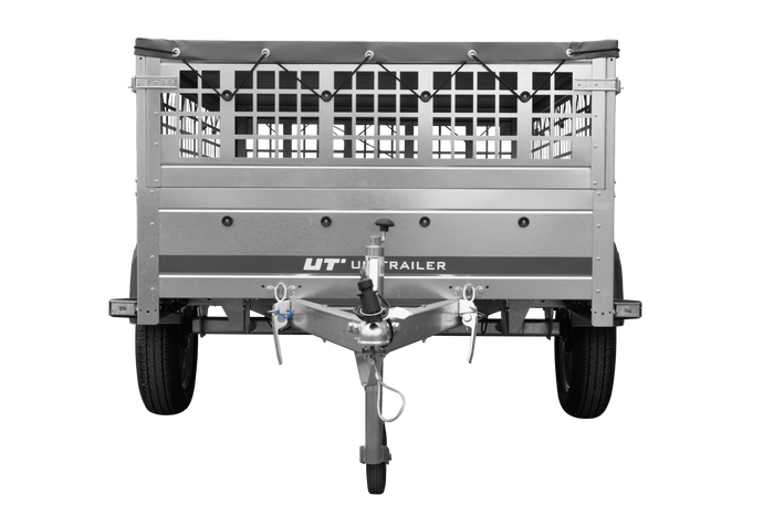 Rimorchio per auto 200x125 UNITRAILER GARDEN 201 KIPP con lati in rete, telaio H-0 e copertura grigia