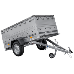 Rimorchio carrello leggero senza freni trasporto cose 750 kg Unitrailer Garden Trailer 200 kipp (new) con ruotino sovrasponde e telo grigio