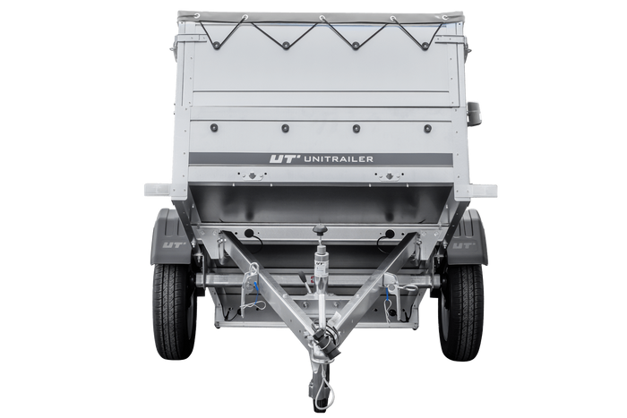 Rimorchio carrello leggero senza freni trasporto cose 750 kg Unitrailer Garden Trailer 200 kipp (new) con ruotino sovrasponde e telo grigio
