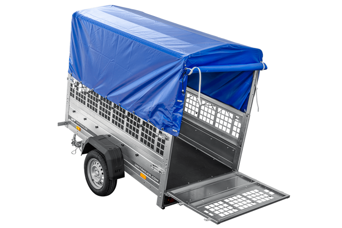 Rimorchio leggero 200x106 UNITRAILER GARDEN 200 KIPP con sponde in rete, telaio H-800 e telo di copertura blu