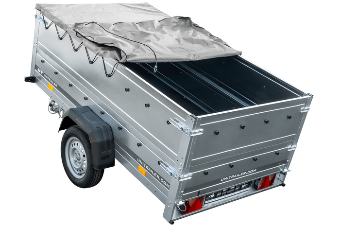 Rimorchio per auto 230x125 UNITRAILER GARDEN 230 KIPP con sponde BIS e copertura grigia