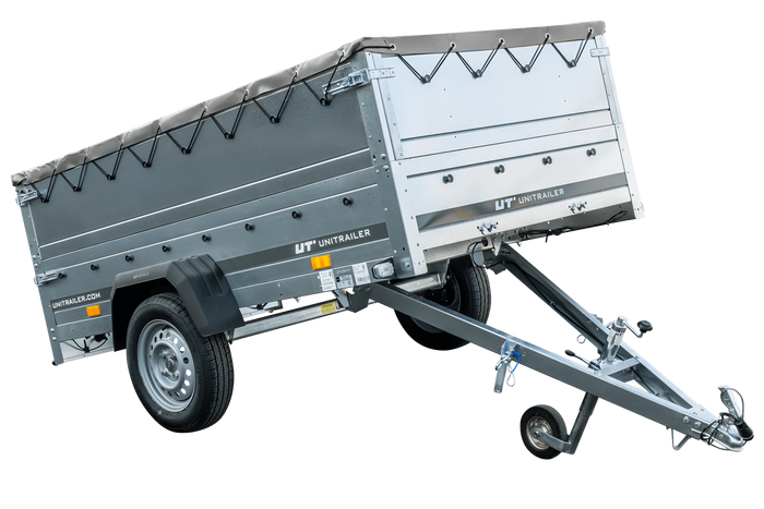 Rimorchio leggero Garden Trailer 230 kipp con ruotino sovrasponde e telone grigio