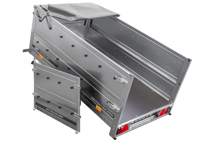 Rimorchio carrello leggero senza freni trasporto cose 750 kg Unitrailer Garden Trailer 200 kipp (new) con ruotino sovrasponde e telo grigio