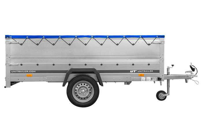 Rimorchio a un asse Unitrailer GARDEN TRAILER 264 KIPP con sponde BIS e telone piatto blu