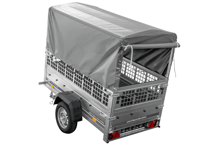 Rimorchio per auto 200x106 UNITRAILER GARDEN 200 KIPP con sponde in rete, telaio H-800 e copertura grigia