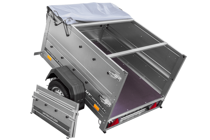 Rimorchio da giardino Unitrailer Garden Trailer 150 KIPP (nuovo) con ruotino sovrasponde e centina H0 con telo grigio